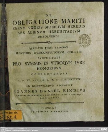 De Obligatione Mariti Rerum Uxoris Mobilium Heredis Aes Alienum Hereditarium Dissolvendi