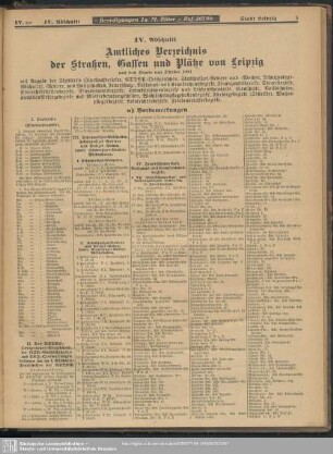 IV. Abschnitt. Amtliches Verzeichnis der Straßen, Gassen und Plätze von Leipzig