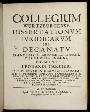 Collegium Würtzburgense Dissertationum Iuridicarum