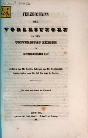Verzeichnis der Vorlesungen, Behörden, Dozenten und Institute. 1847. SS