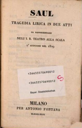 Saul : Tragedia lirica in 2 atti