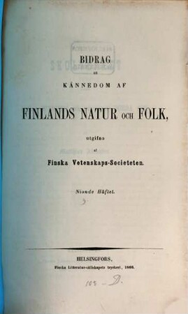 Bidrag till kännedom av Finlands natur och folk, 9. 1866