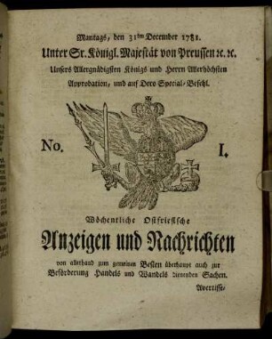 No. 1. Montags, den 31ten December 1781.
