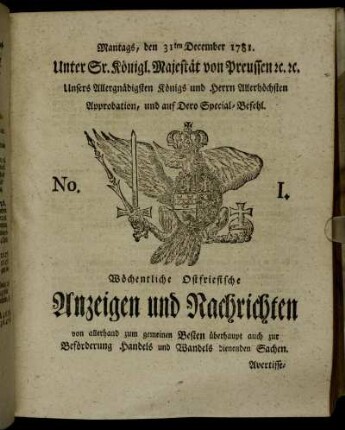 No. 1. Montags, den 31ten December 1781.