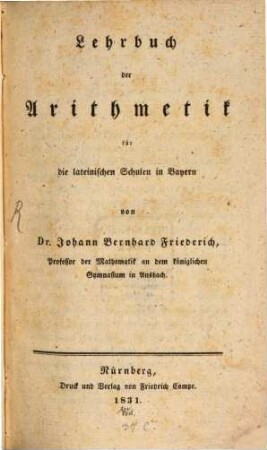 Lehrbuch der Arithmetik für die lateinischen Schulen in Bayern