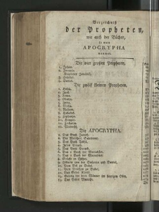 Verzeichnis der Propheten wie auch der Bücher, so man Apocrypha nennet.