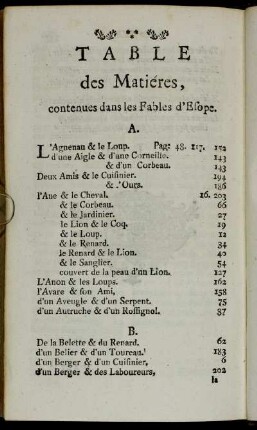 Table des Matiéres, contenues dans les Fables d´Esope.