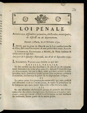 1-4, Loi Pénale Relative aux Assemblées primaires, électorales, municipales, de district ou de département