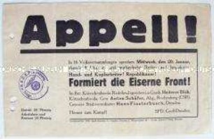 Flugblatt mit dem Aufruf zur Formierung der Eisernen Front für den Kampf gegen die faschistische Gefahr mit einem Stempel der NSDAP-Ortsgruppe
