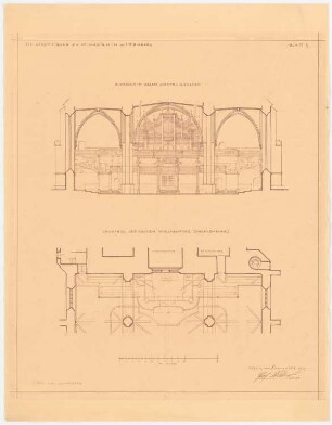 Stadtkirche (Marienkirche), Wittenberg Denkmalpflege - Bauaufnahme: Wiederherstellung des Äußeren und Umgestaltung des Inneren: Grundriss der oberen Westempore (Orgelempore) 1:100 (Maßstabsleiste); Querschnitt Richtung Westen (zur Orgelempore) 1:100