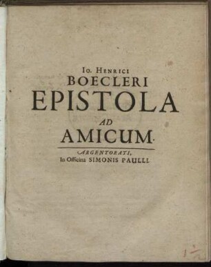 Jo. Henrici Boecleri Epistola Ad Amicum