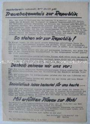 Hektografiertes Propagandaflugblatt aus einem Berliner Betrieb zur Unterstützung der Maßnahmen der DDR-Regierung vom 13. August 1961 ("Mauerbau")