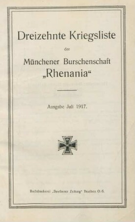 13.1917: Kriegsliste der Münchener Burschenschaft Rhenania