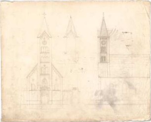 Voit, August von; Kirche - Eingangsseite mit Turm (Ansicht); Langseite (Ansicht); Details