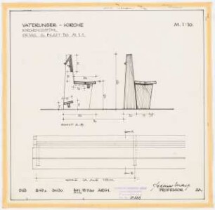 Vaterunser-Kirche Detmolderstraße/Blissestraße, Berlin-Wilmersdorf: Kirchengestühl, Ansicht, Schnitt, Aufsicht, 1:10