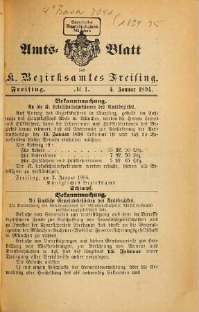 Amts-Blatt des Bezirksamtes Freising. 1894