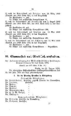 Zusammensetzung der Wissenschaftlichen Prüfungs-Commissionen für das Jahr 1876 : [III. Gymnasial- und Real-Lehranstalten]