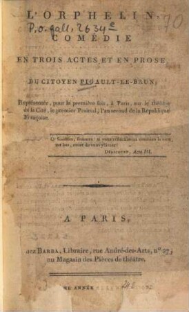 L' orphelin : Comédie en 3 actes et en prose