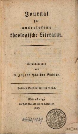 Journal für auserlesene theologische Literatur. 3,3, 3,3. 1807