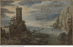 Felsenküste mit Rundturm und Fischerbooten