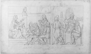 Dante, Universitäten, Buchdruckerkunst : Rietschel, Ernst. Relief für die Aula des Leipziger Augusteums. Dante, Universitäten, Buchdruckerkunst. Bleistift auf hellelfenbeinfarbenem Velin; 37,3 x 46,4 cm. Februar 1836. Privatbesitz (Nachlass des Künstlers). WVZ 253