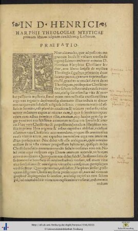 IN D. HENRICI HARPHII THEOLOGIAE MYSTICAE primum librum ad Lectorem PRAEFATIO mit handschriftlichen Eintragungen