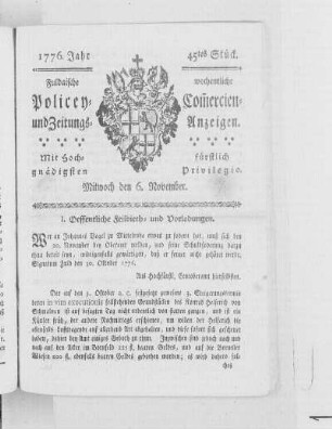 45tes Stück, Ausgabe vom 6. November 1776