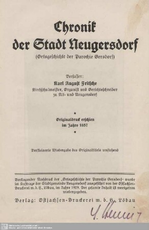 Chronik der Stadt Neugersdorf : (Ortsgeschichte der Parochie Gersdorf)