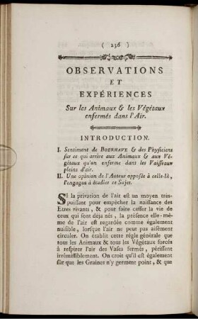 Observations et Experiences Sur les Animaux & les Vegetaux ensermes dans l' Air.