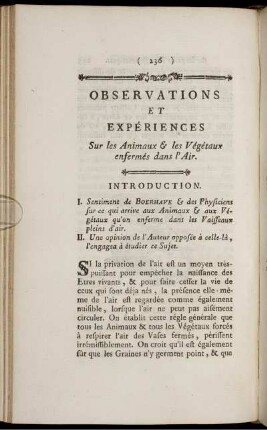 Observations et Experiences Sur les Animaux & les Vegetaux ensermes dans l' Air.