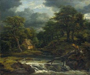 Waldlandschaft mit Wasserfall bei aufziehendem Gewitter