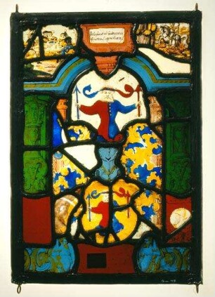 Kabinettscheibe mit Wappen des Hans Dufinger in architektonischer Rahmung und zwei figürlichen Szenen: Festliches Gelage und Hl. Georg als Drachentöter. Mit Sinnspruch "Früh gesattelt, spät geritten."
