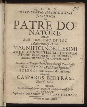 Disputatio Inauguralis Iuridica De Patre Donatore