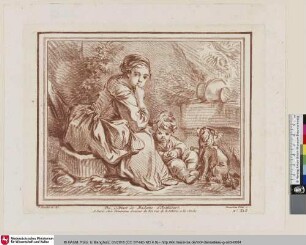 [Sitzende junge Frau mit Kind und Hund; Pastorale]