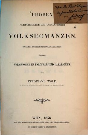 Proben portugiesischer und catalanischer Volksromanzen : mit einer literarhistorischen Einleitung über die Volkspoesie in Portugal und Catalonien