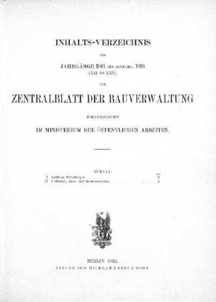 1901/1910: Inhalts-Verzeichniss der Jahrgänge 1901 bis einschl. 1910 (XXI bis XXX)