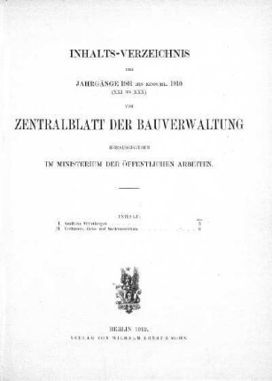 1901/1910: Inhalts-Verzeichniss der Jahrgänge 1901 bis einschl. 1910 (XXI bis XXX)