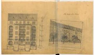 Mietshausfassade, Berlin Monatskonkurrenz Januar 1911: Aufriss Straßenansicht; Vertikalschnitt; perspektivische Ansicht