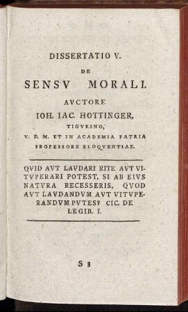 Dissertatio V. De Sensu Morali / Auctore Joh. Jac. Hottinger, Tigurino, V. D. M. Et In Academia Patria Professore Eloquentiae