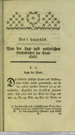 Das I. Hauptstück, Von der Lage und der natürlichen Beschaffenheit der Stadt Cassel