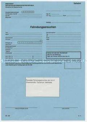 Formular FE-86 für Fahndungsersuchen an die MfS-Hauptabteilung VI