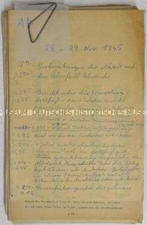 Mappe mit Abschriften der Sitzungsprotokolle vom 28.-29. November 1945 vor dem Internationalen Militärgerichtshof in Nürnberg - Sachkonvolut Nürnberger Prozesse
