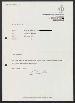 Brief an Pierre Boulez, 26.03.1995