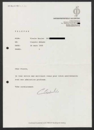 Brief an Pierre Boulez, 26.03.1995