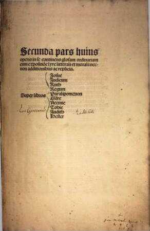 Textus biblie : ... pars ..., 2. In se continens glosam ordinariam cum expositio[n]e lyre litterali et morali, necnon additionibus ac replicis, Super libros Josue,Judicum, Ruth, Regum, Paralipomenon, Esdre, Neemie, Tobie, Judith, Hester