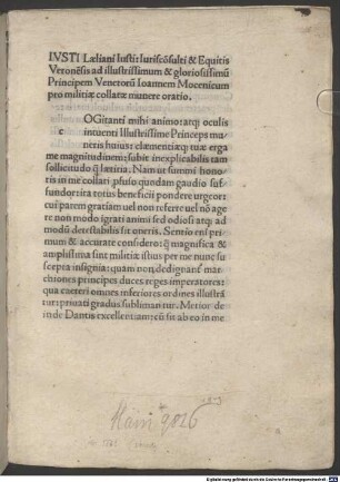 Oratio pro militiae collatae munere ad Johannem Mocenicum : 1485.02. 13