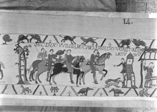 Der Teppich von Bayeux — 11. Szene: Harold wird von Herzog Wilhelm in seinen Palast geführt. Ein Wachtposten erspäht ihr Herannahen