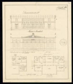 Schützenhaus Monatskonkurrenz Mai 1832: Grundriss Erdgeschoss, (halbes) Obergeschoss, Aufriss Vorderansicht, Längsschnitt; 2 Maßstabsleisten