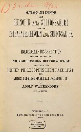 Beitraege zur Kenntnis der Chinolin-ana-sulfonsaeure und der Tetrahydrochinolinana-sulfonsaeure ...