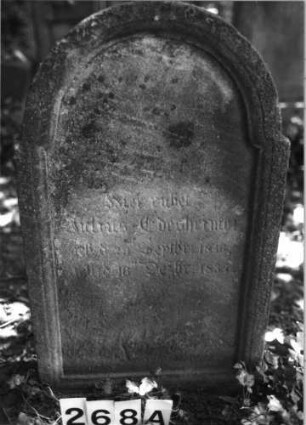 Grabstein 268 (Index: 100085128) Maße HxBxT: 86x52x15 cm Beschreibung: Stele, eingezog. Rundbogenabschl. , Schriftfeld eingetieft: Grabstein 268A